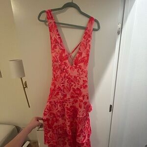 Floral Pink & Red V-Neck Tiered Women’s Dress